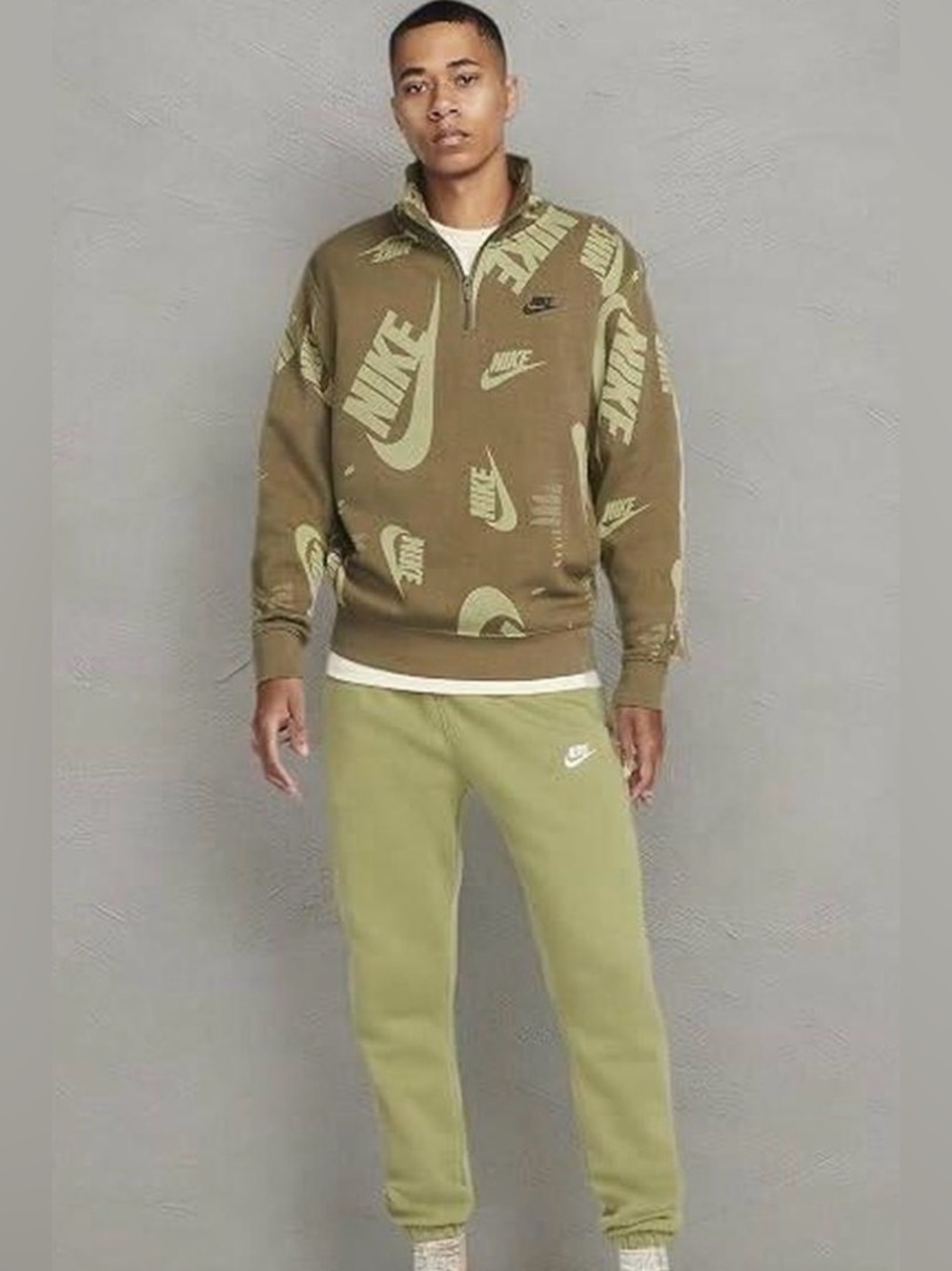 Nike Sportswear Club Fleece AOP Swoosh Logo 1/4-Zip Sweat Shirt Green Mens SZ.L
